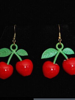 Whimsical Double Cherry Earrings With Leaves